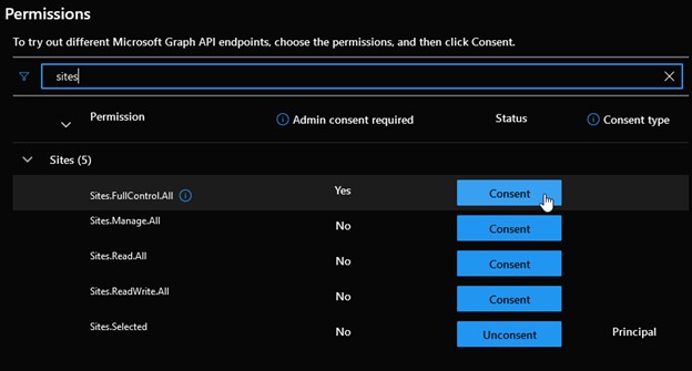 Graph Explorer Consent step 1