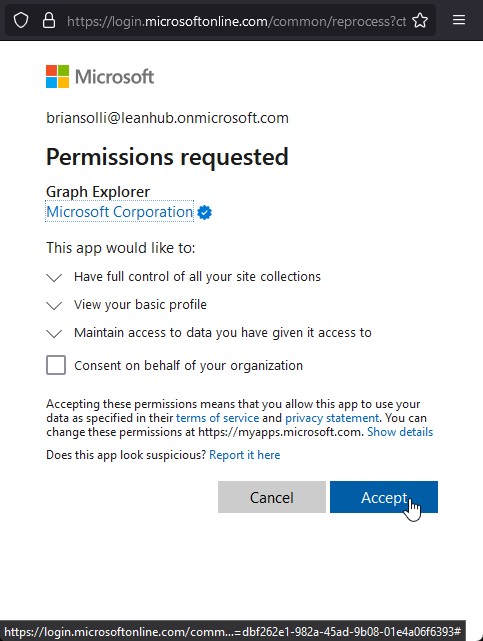 Graph Explorer Consent step 1
